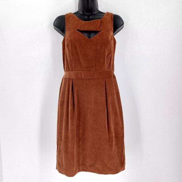LEONA by LAUREN LEONARD Sz 2 Corduroy Cut Out Brown Shift Dress Sleeveless Lined - Picture 3 of 15